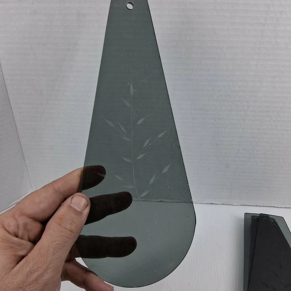Vintage Smoked Glass Lamp Shade Panels Etched Wheat Teardrop Set of 8 Grey